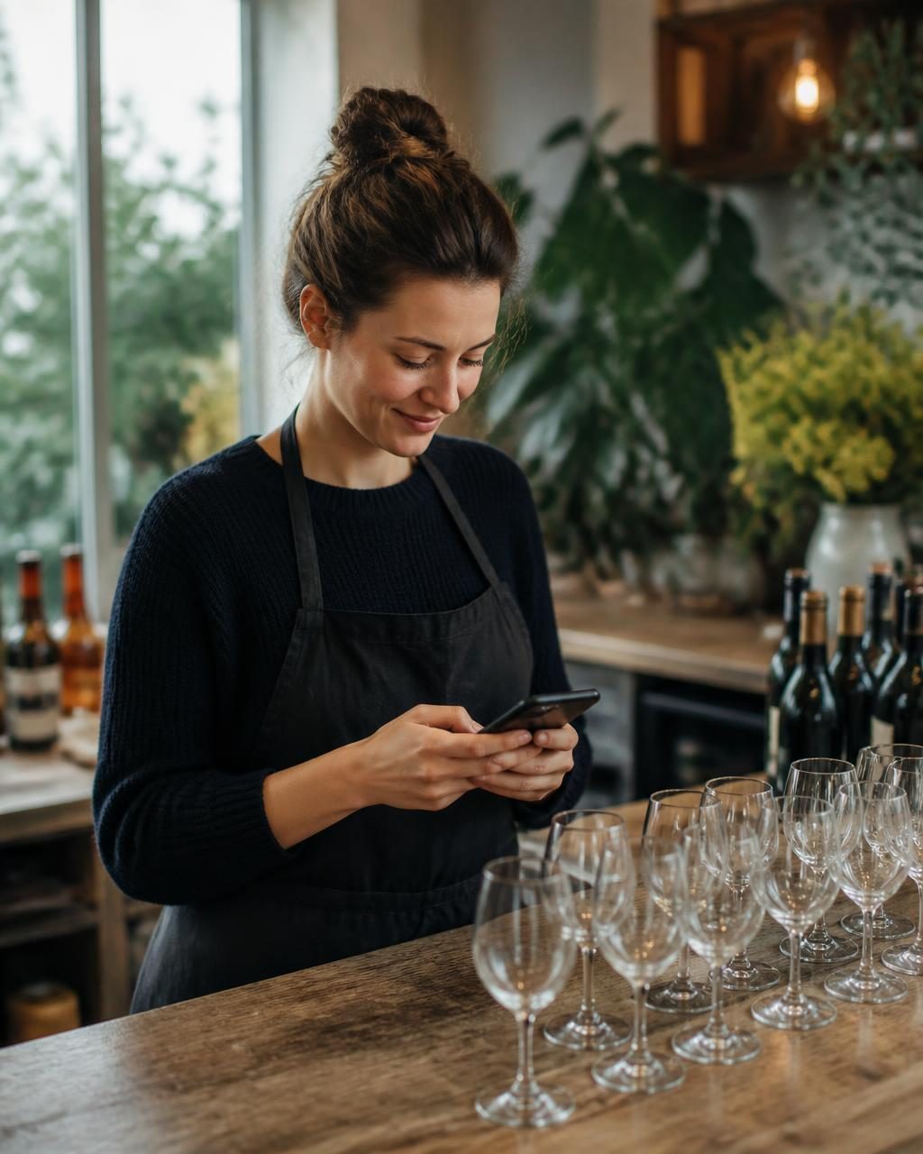En vært i et smagningslokale kigger på sin telefon ved siden af klargjorte glas